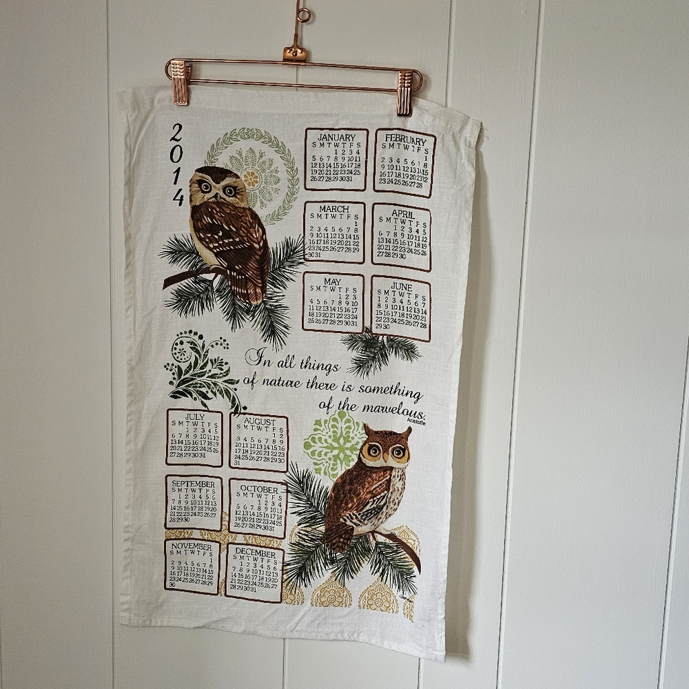 2014 Owl Calendar Tea Towel Vintage Decorative Wall Hanging